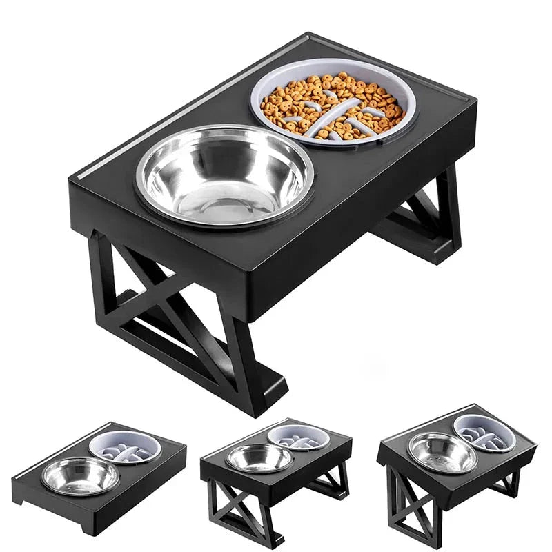 Adjustable height dog bowl stand with slow feeding option, suitable for medium to large dogs