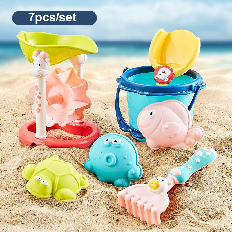 Colourful and vibrant baby beach toy set with shovels, sand moulds, and a convenient carry bag