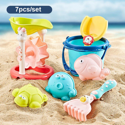 Colourful and vibrant baby beach toy set with shovels, sand moulds, and a convenient carry bag