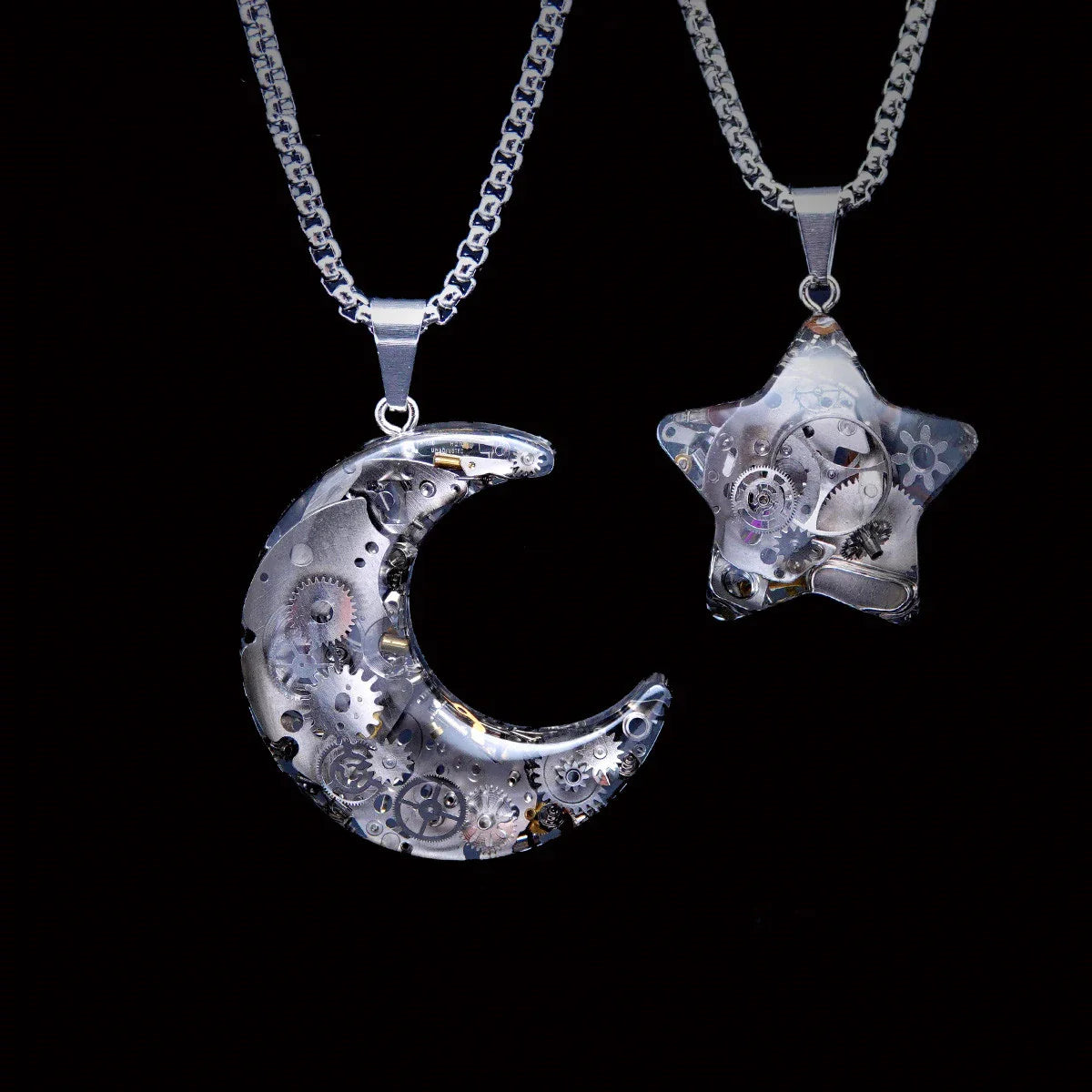 Elegant titanium steel star and moon pendant necklace with a mesmerizing cosmic-inspired design