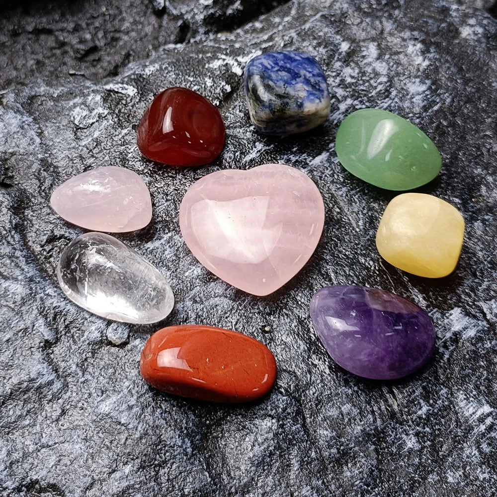 Elegant Crystal Jade Chakra Combination Set with Love Hexagon Pillar, a natural crystal ornament for meditation and spiritual practices