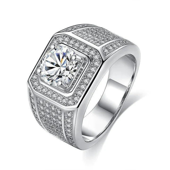 Elegant 2-carat diamond inlaid men's ring with a sleek, geometric design and adjustable fit