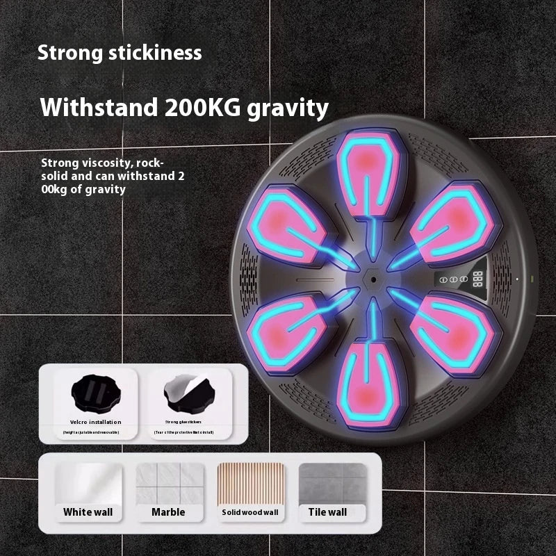 A smart home fitness device called the Music Boxing Machine, featuring a sleek black design and a touchscreen display for music-driven workouts.