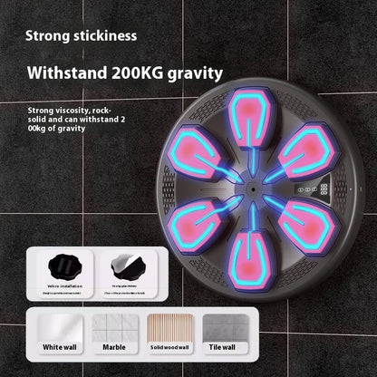 A smart home fitness device called the Music Boxing Machine, featuring a sleek black design and a touchscreen display for music-driven workouts.