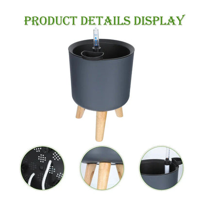 Modern self-watering planter with sleek wooden stand, available in small, medium, and large sizes