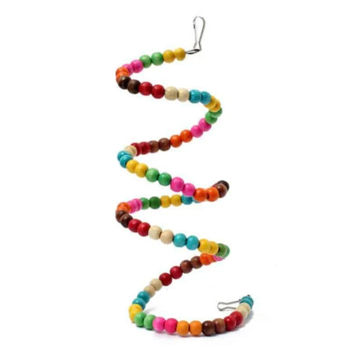 A premium British-made whimsical bird swing in multicoloured wood and iron, designed to provide a safe and entertaining play space for pet birds.