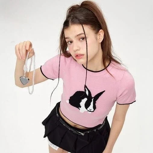 Charming Rabbit Cartoon Short Sleeve Knitted Top in Grey