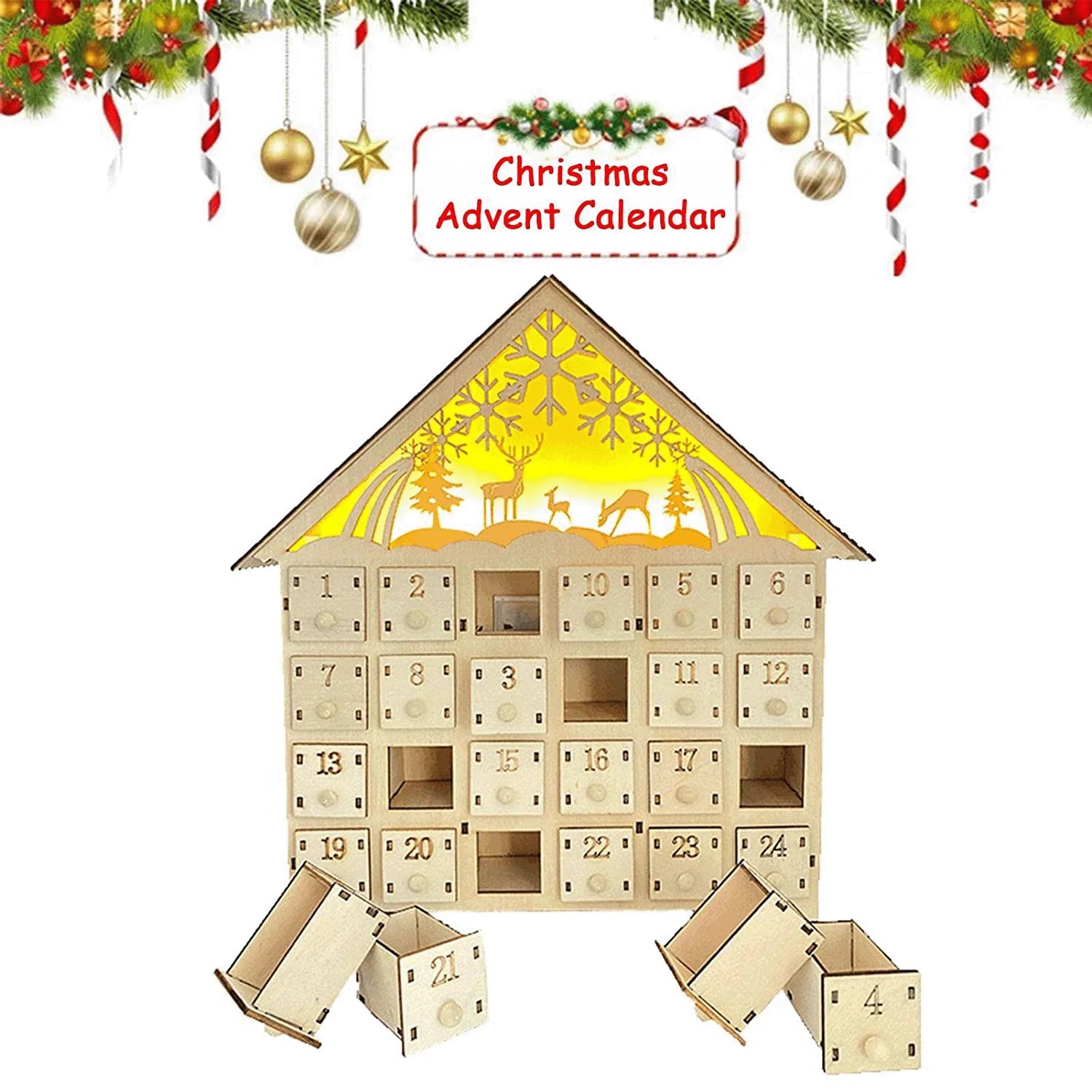 Decorative handcrafted wooden Christmas ornament with natural wood finish, hanging on a Christmas tree