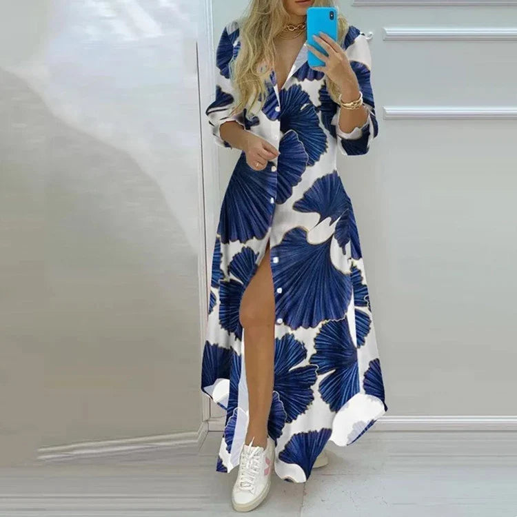 Elegant long sleeve shirt dress in white, navy, and burgundy colours with button-down design and flattering silhouette