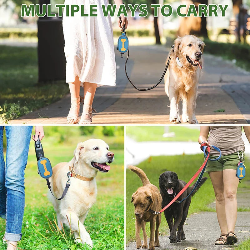A heavy-duty, weatherproof dog poop bag dispenser made of Oxford fabric with a lavender-scented, leak-proof bag system.