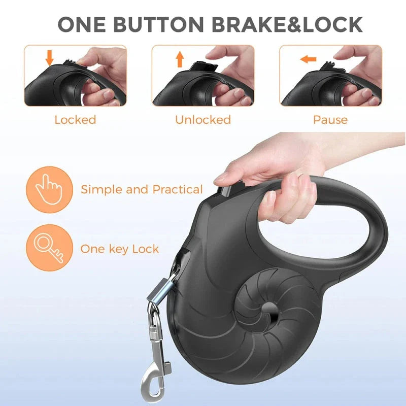 A black 5-metre retractable dog leash with a reflective strip for small dogs up to 15kg.