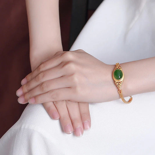 Pure silver bracelet with gilded jasper auspicious cloud design, inspired by traditional Chinese style