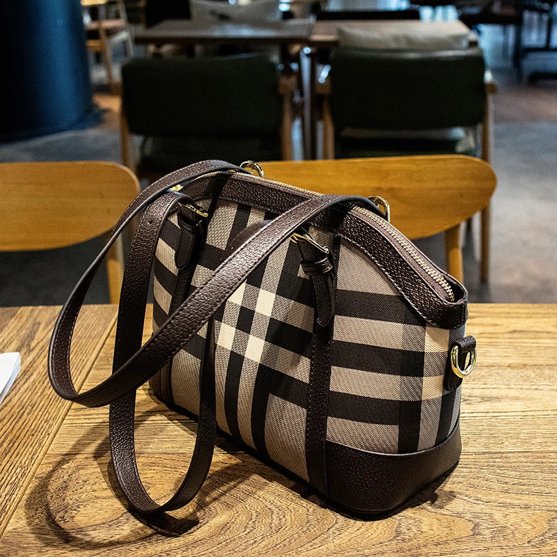 Premium British Ladies' Plaid Shoulder Tote Bag in a stylish brown colour, featuring a spacious bucket design and a classic plaid pattern