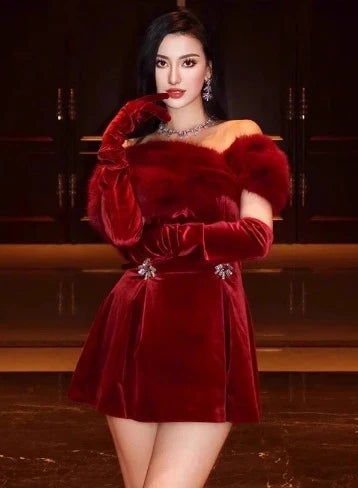 Elegant off-the-shoulder red mini dress with plush short skirt, luxurious polyester fabric, and versatile formal-to-casual design