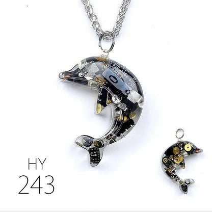 Steampunk-inspired dolphin pendant necklace with electronic components and brass accents