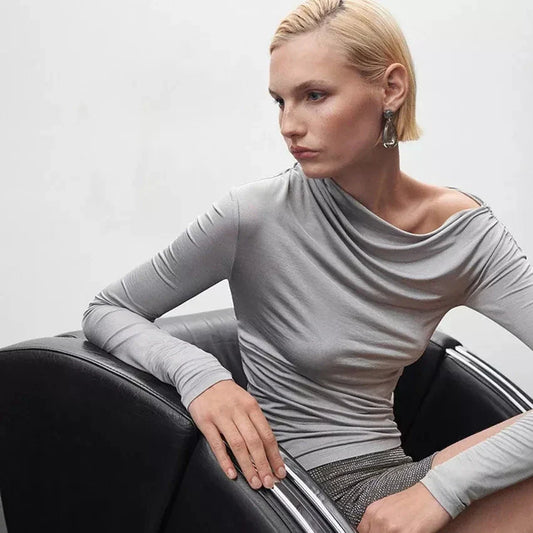 Elegant grey asymmetric collar ruched top for modern British women