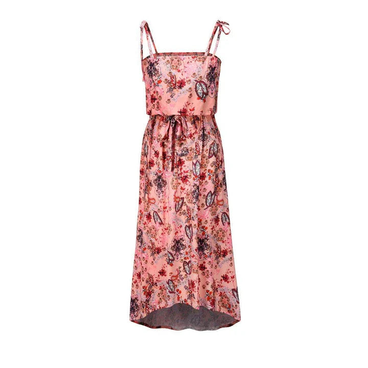 Printed camisole dress with a flattering mid-length swing skirt and a high-waisted design for a stylish, figure-enhancing look.