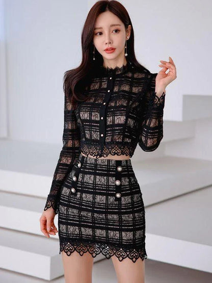 Elegant lace-trimmed two-piece suit with Chanel-inspired design and tailored stitching details