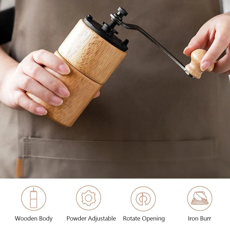 Elegant wooden manual coffee grinder with steel conical burr for consistent, flawless grinding