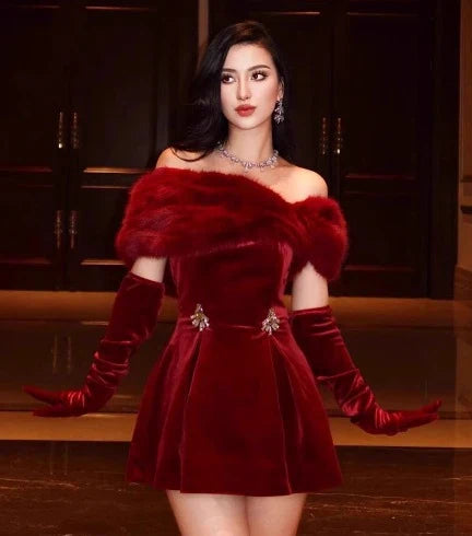 Elegant off-the-shoulder red mini dress with plush short skirt, luxurious polyester fabric, and versatile formal-to-casual design