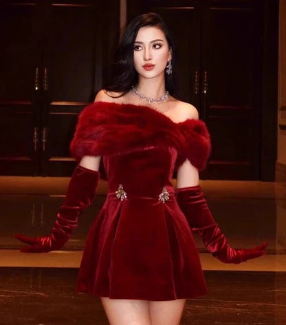 Elegant off-the-shoulder red mini dress with plush short skirt, luxurious polyester fabric, and versatile formal-to-casual design