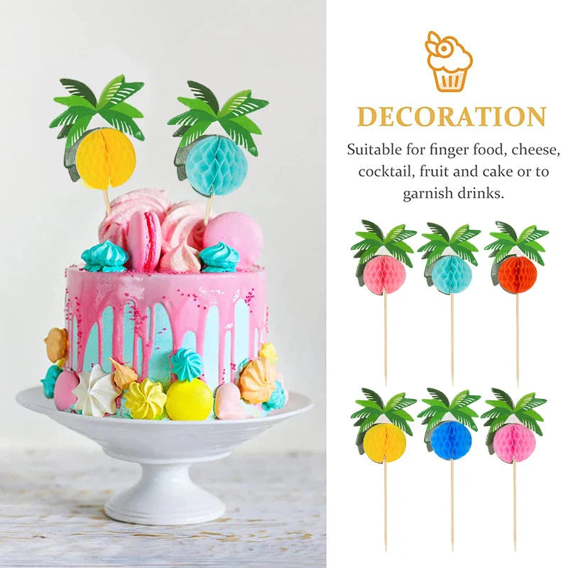 Hawaiian Luau Cocktail Picks with tropical coconut palm tree designs for vibrant party decor