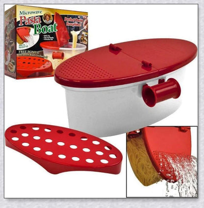 Versatile microwave pasta cooker with convenient handles and precise water-filling lines for quick and easy pasta preparation