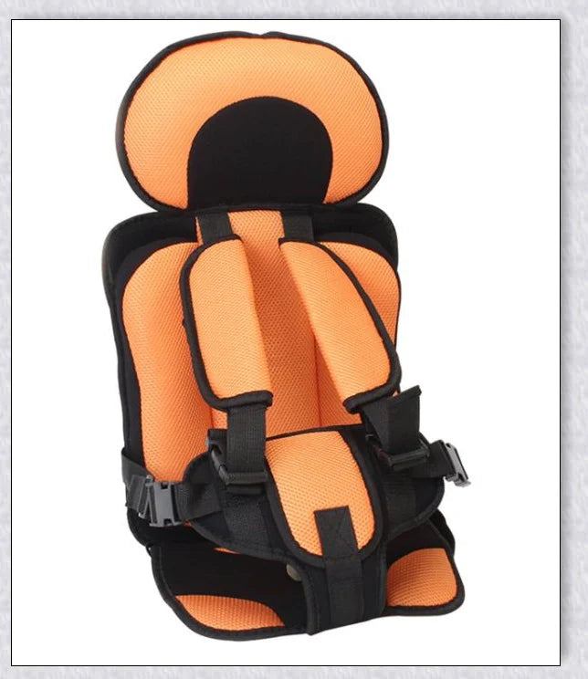 Adjustable infant car seat cushion with 5-point harness, plush padding, and foldable design for safe and comfortable travel with children