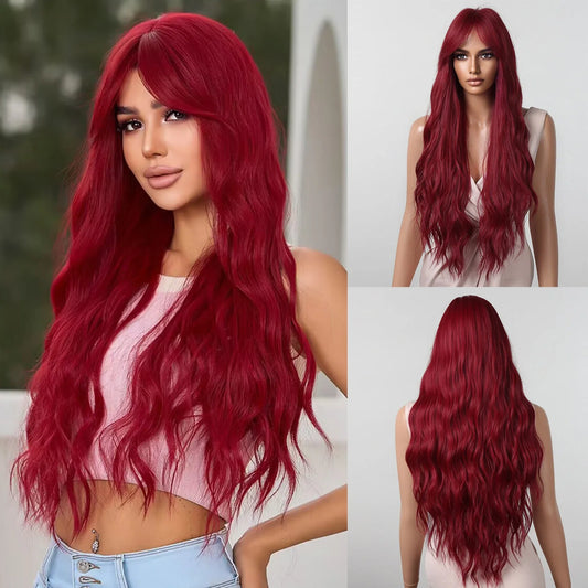 A luxurious long, curly wig in a rich wine-red colour with voluminous waves and a sophisticated, glamorous appearance.