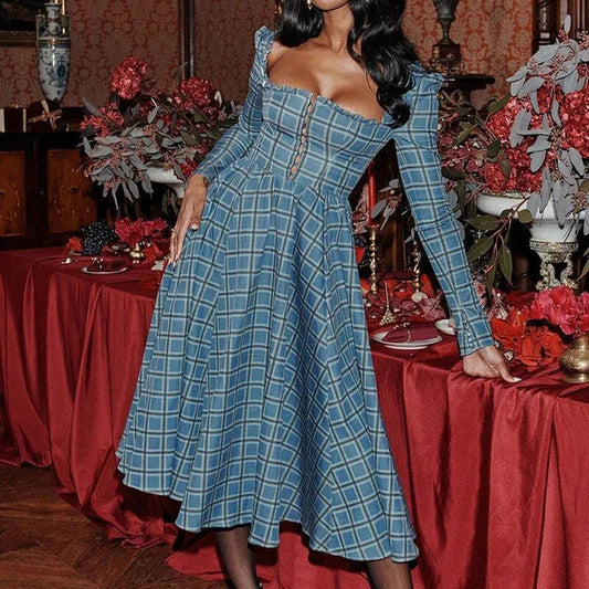 Elegant plaid A-line midi dress with square collar, backless design, and empire waistline