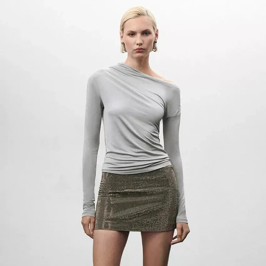 Elegant grey asymmetric collar ruched top for modern British women