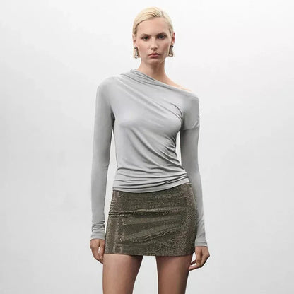 Elegant grey asymmetric collar ruched top for modern British women