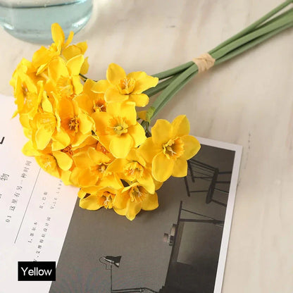 Elegant 6-Piece Artificial Narcissus Flower Bouquet - Lifelike silk narcissus flowers for hassle-free home and event decor
