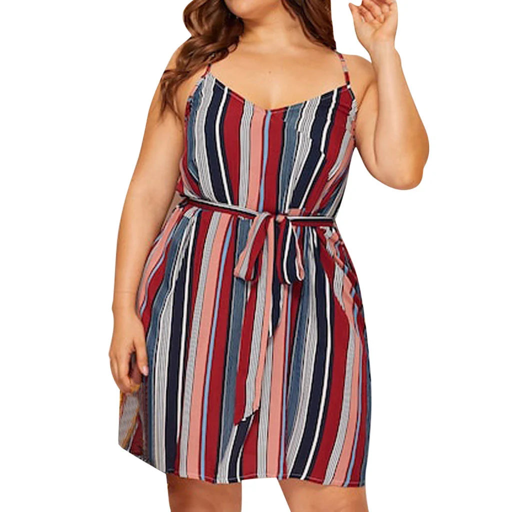 Striped large suspender dress made of premium cotton, featuring a high-waist design and open back with bow detail