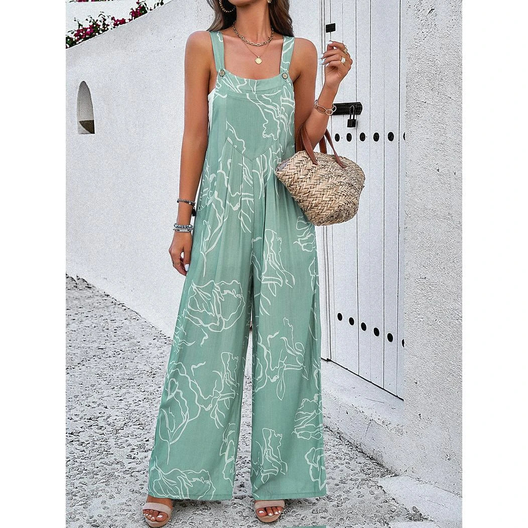Elegant wide-leg jumpsuit with geometric print and suspenders, perfect for the fashion-conscious British woman