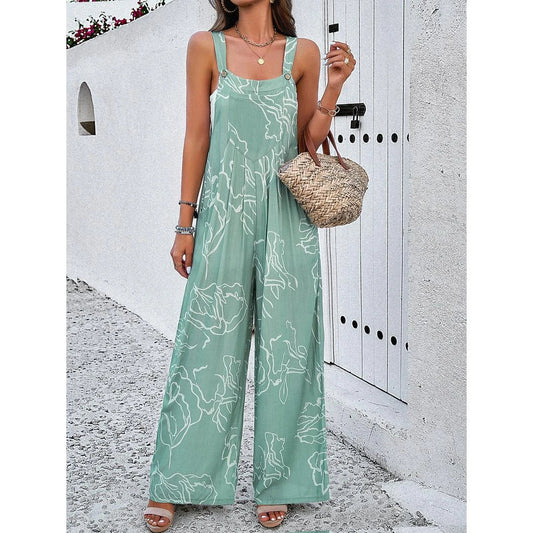 Elegant wide-leg jumpsuit with geometric print and suspenders, perfect for the fashion-conscious British woman