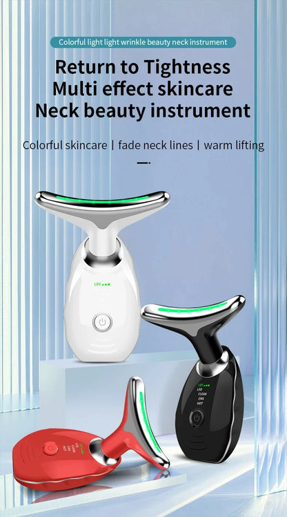 Neck and Face Beauty Device with Colorful LED Photon Therapy for Skin Tightening, Wrinkle Reduction and Double Chin Removal