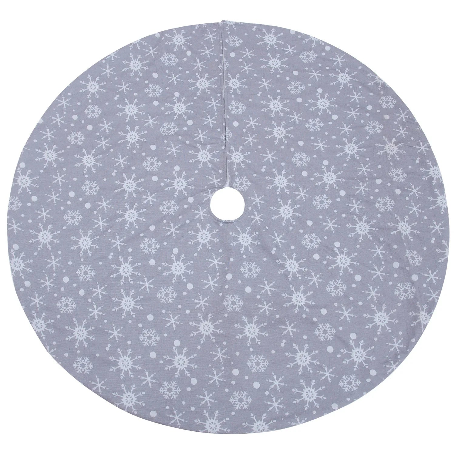 Grey background with intricate white snowflake design Christmas tree skirt
