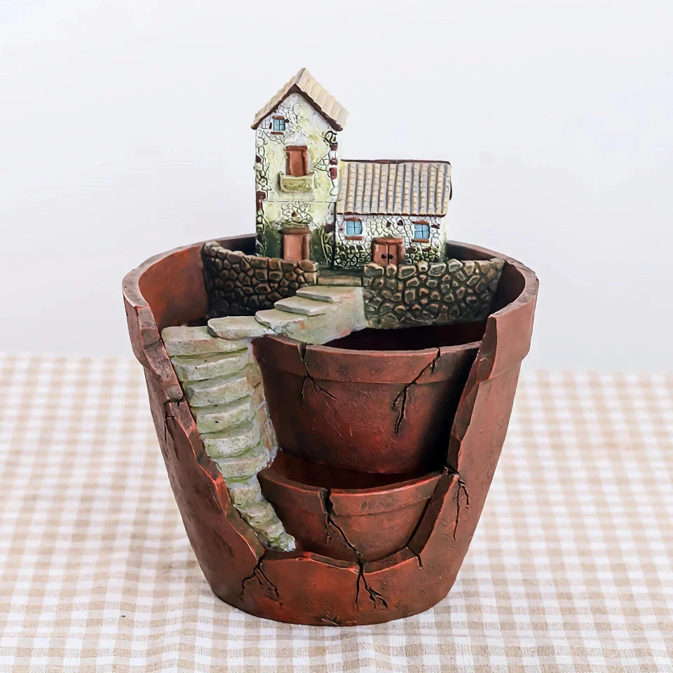 Charming farmhouse-style resin succulent planter with hand-carved pastoral design, adding rustic elegance to home or office decor