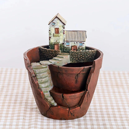Charming farmhouse-style resin succulent planter with hand-carved pastoral design, adding rustic elegance to home or office decor