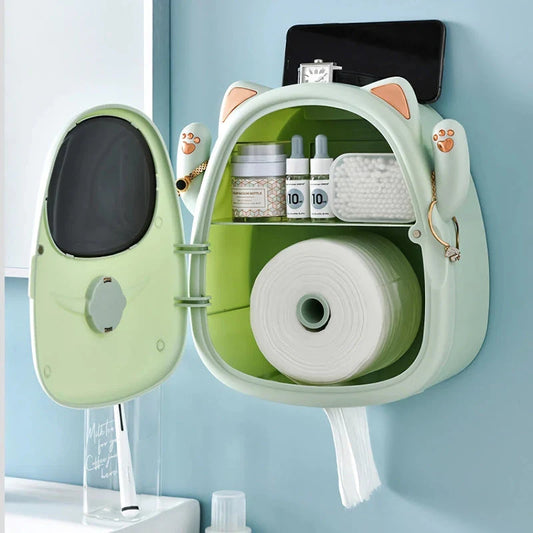 A white, cat-themed tissue box and bathroom organiser with storage compartments