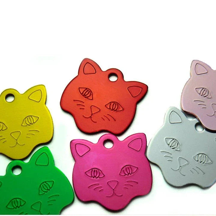 Customisable cat ID tags made from premium aluminium in a variety of vibrant colours