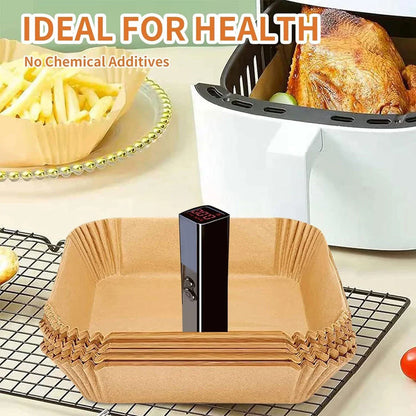 50 disposable air fryer liners made from non-toxic wood paper for easy clean-up and non-stick cooking