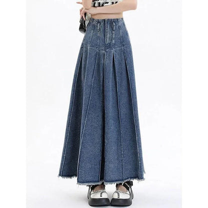 Chic high-waist vintage blue denim A-line skirt with stylish zipper decoration and mid-calf length