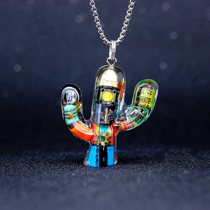 Cactus-shaped pendant necklace made of durable titanium steel with a minimalist geometric design for a sophisticated, versatile accessory