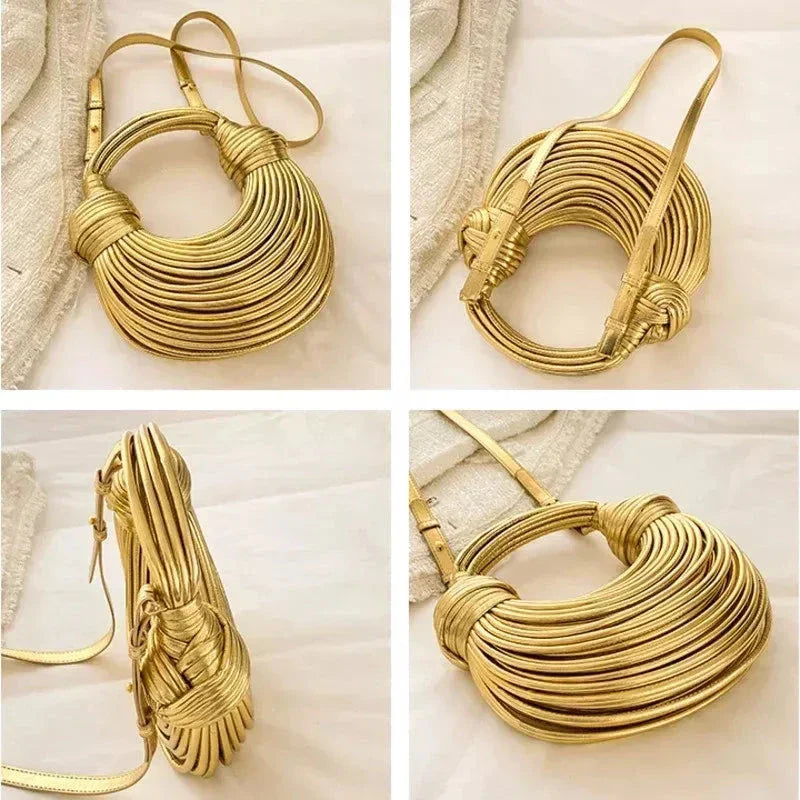 Elegant golden noodle knot evening clutch bag made from premium soft PU leather