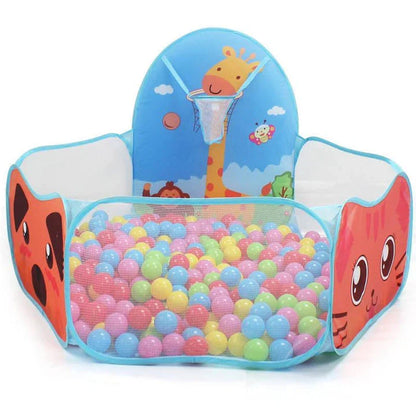 Portable Kids Ball Pit Play Tent with Colourful Animal Graphics and Basketball Hoop