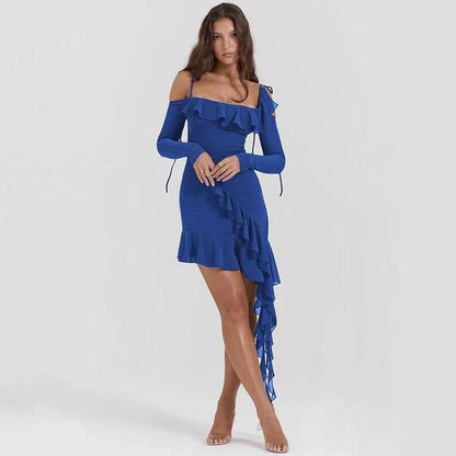 Elegant spaghetti strap backless ruffle mini dress in blue, perfect for autumn parties and events