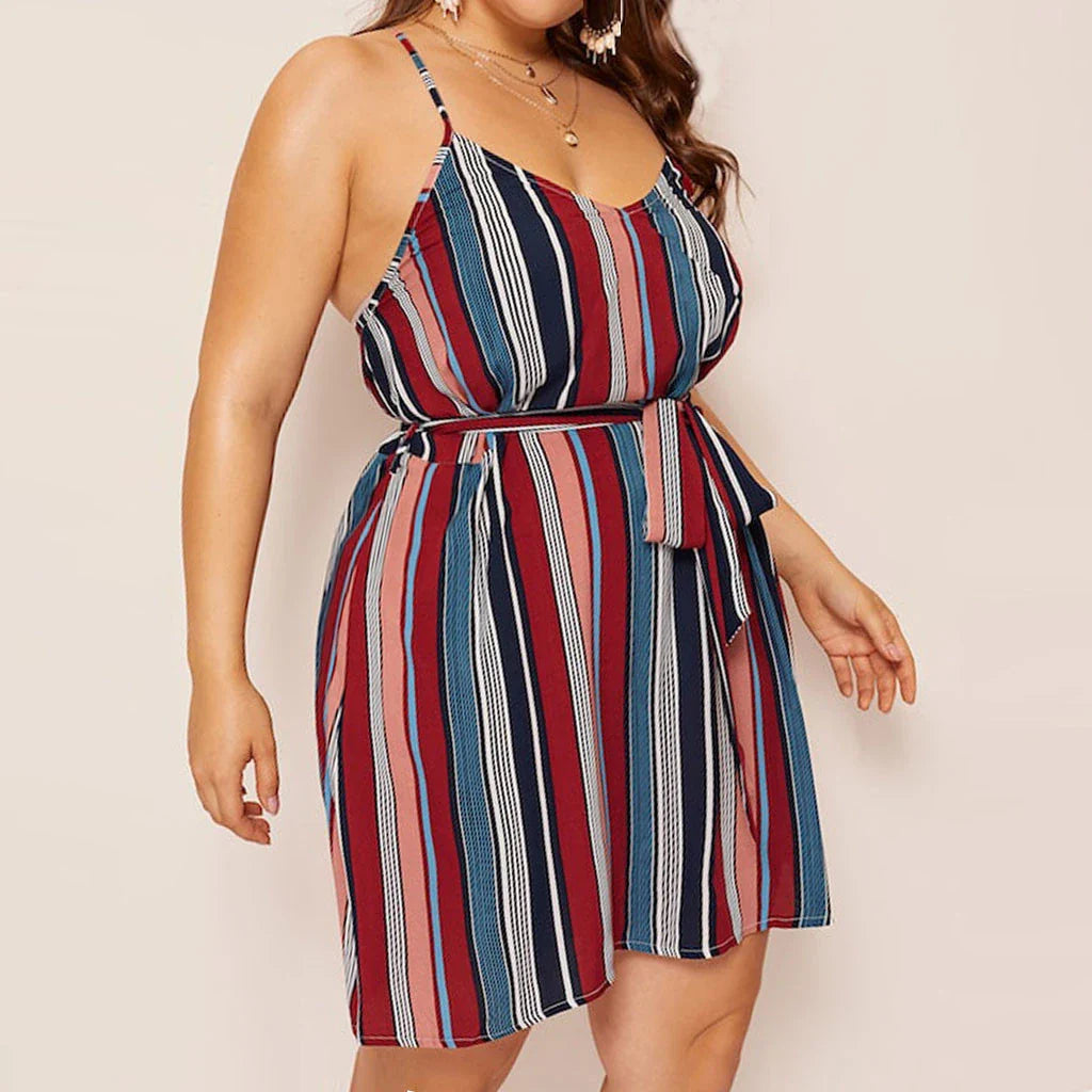 Striped large suspender dress made of premium cotton, featuring a high-waist design and open back with bow detail