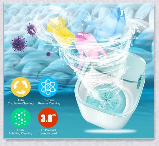 Compact and portable mini washing machine with powerful 18W motor, energy-efficient design, and ultrasonic sterilization for deep cleaning in small spaces